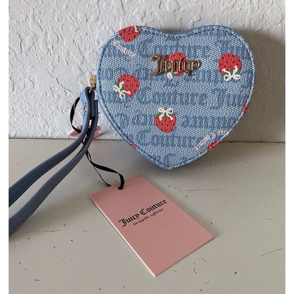 Juicy Couture Handbags - Juicy Couture Berry Sweet Coin Purse Wristlet Dusty Blue Red Strawberries‎ NEW